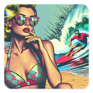 Pretty Blonde Retro Woman and Surfer Guy Square Sticker