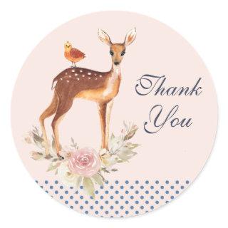 Pretty Brown Fawn with Bird and Roses Thank You Classic Round Sticker