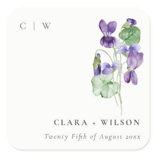 Pretty Chic Monogram Violet Floral Bunch Wedding Square Sticker