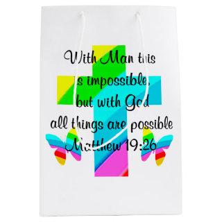 PRETTY CROSS AND RAINBOW MATTHEW 19:26 DESIGN MEDIUM GIFT BAG