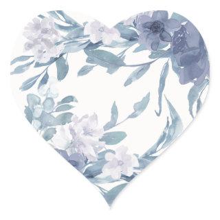 Pretty Dusty Blue Botanical Floral Wedding Heart Sticker