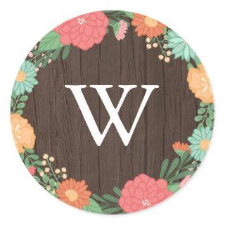 Pretty Floral Wreath Wood Grain Wedding Monogram Classic Round Sticker