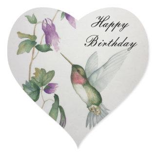 Pretty Hummingbird Happy Birthday Watercolor Heart Sticker