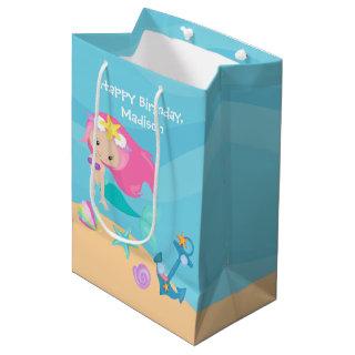 Pretty Mermaid Girl Personalized Beach Birthday Medium Gift Bag