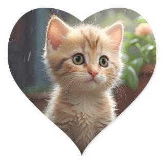 Pretty Orange Tabby Cat Sitting Among Flowers  Heart Sticker