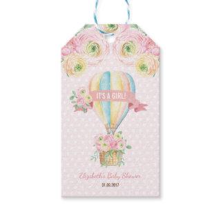 Pretty Pink Floral Hot Air Balloon Baby Shower Gift Tags