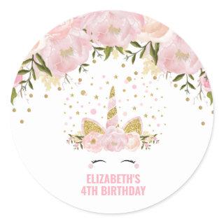 Pretty Pink Gold Floral Unicorn Birthday Favors Classic Round Sticker
