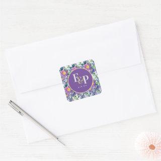 Pretty Purple Blue Florals Monogram Wedding  Square Sticker