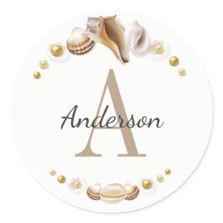 Pretty Sea Shells Monogrammed and Personalized Classic Round Sticker