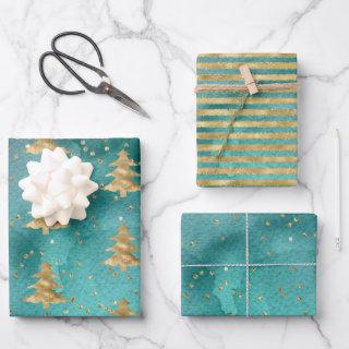 Pretty Teal Green Watercolor Gold Christmas Tree    Sheets