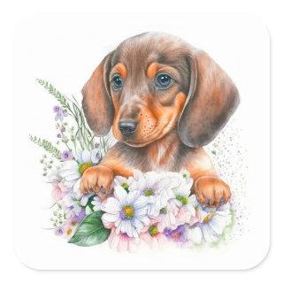 Pretty Watercolor Floral Dachshund Puppy Dog Square Sticker