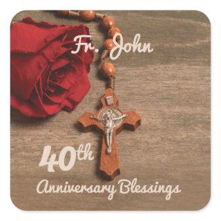 Priest 40th Ordination Anniversary Rose and Rosary Square Sticker