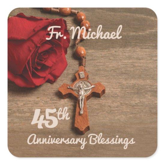 Priest 45th Ordination Anniversary Rose and Rosary Square Sticker