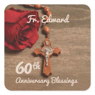 Priest 60th Ordination Anniversary Rose and Rosary Square Sticker