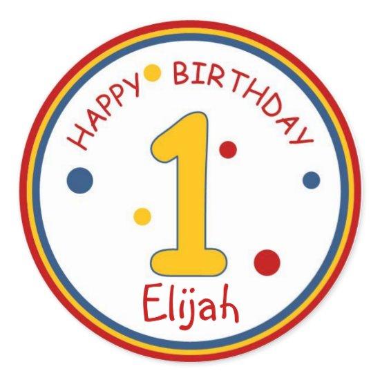 Primary Colors Happy Birthday Number 1 Classic Round Sticker
