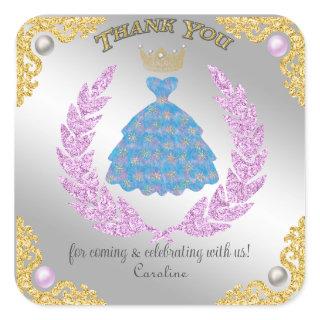Princess Blue Dress & Glitter Birthday Thank You Square Sticker