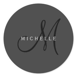 Professional Black Monogram Gray Your Name Classic Round Sticker