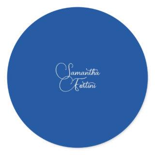 Professional minimalist handwriting name blue classic round sticker