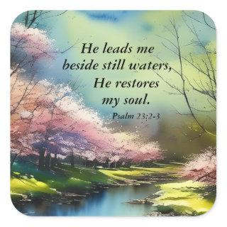 Psalm 23:2-3 He restores my soul Bible Verse Square Sticker