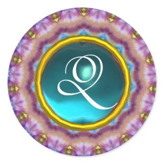 PSYCHEDELIC CIRCLES MONOGRAM blue turquase pink Classic Round Sticker