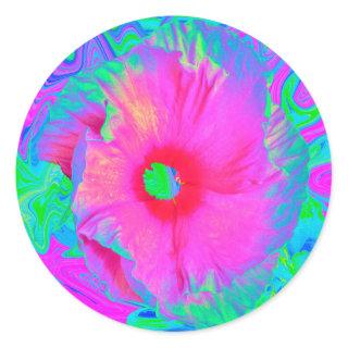 Psychedelic Pink and Red Hibiscus Flower Classic Round Sticker