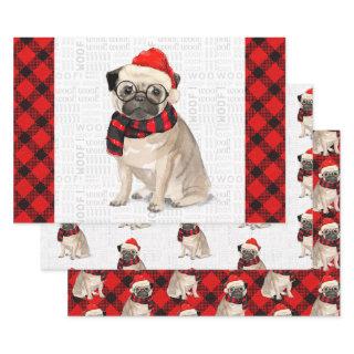 Pug Christmas Dog on Red and Black Plaid Wrapping   Sheets