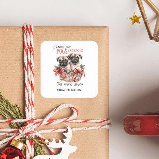 PUGS AND KISSES FUNNY MERRY CHRISTMAS CUSTOM TEXT SQUARE STICKER