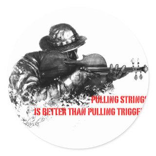 Pulling strings violin classic round sticker