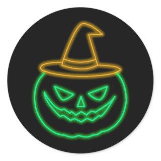 Pumpkin Face Orange Green Glow Effect Halloween Classic Round Sticker
