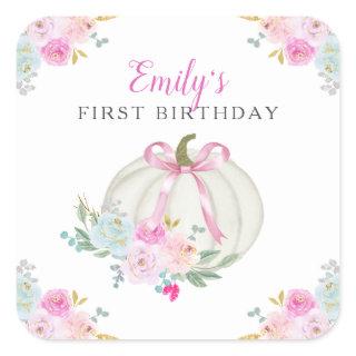 Pumpkin Pink Bow Girls First Birthday Square Sticker