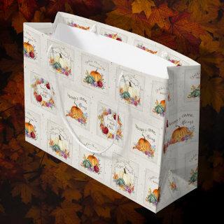 Pumpkin Watercolor Autumn Flowers n Fall Leaves La Large Gift Bag