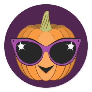 Pumpkin with Cool Retro Cat Sunglasses Halloween Classic Round Sticker
