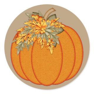 Pumpkin with Orange Autumn Leaves Classic Round Sticker