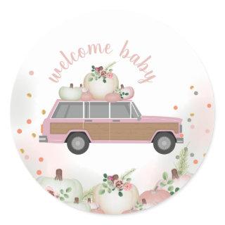 Pumpkin Wood SUV Pink Baby Shower Classic Round Sticker