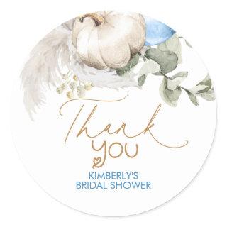 Pumpkins Blue Brown Fall Baby Shower Thank You Classic Round Sticker