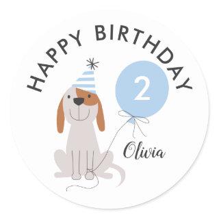 Puppy Dog Blue Happy Birthday Tag Sticker