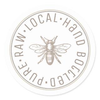 Pure Raw Local Hand Bottled Emblem Taupe Honey Classic Round Sticker