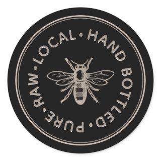 Pure Raw Local Hand Bottled Honey Bee Emblem Black Classic Round Sticker
