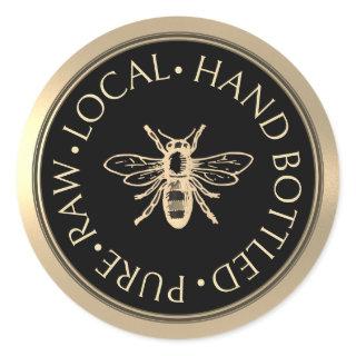 Pure Raw Local Hand Bottled Honey Gold Black Bee Classic Round Sticker
