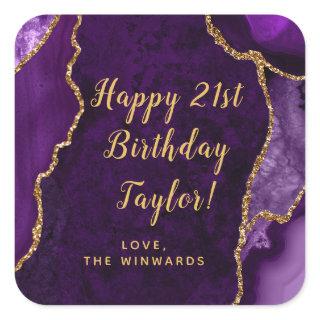 Purple and Gold Agate Happy Birthday Square Sticker