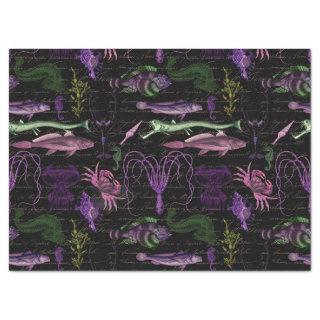 Purple and Green Sea Creatures on Black Decoupage Tissue Paper