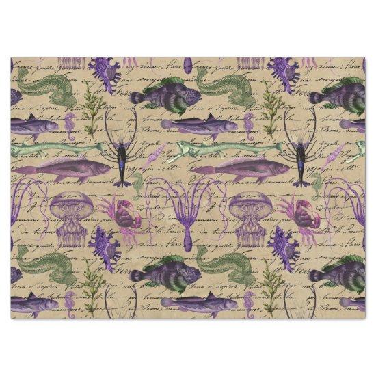 Purple and Green Sea Creatures on Tan Decoupage Tissue Paper