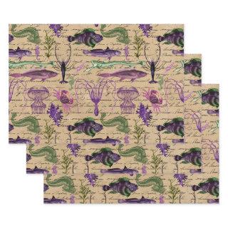 Purple and Green Sea Creatures on Tan  Sheets