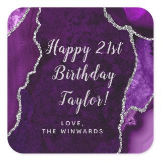 Purple and Silver Agate Happy Birthday Square Sticker