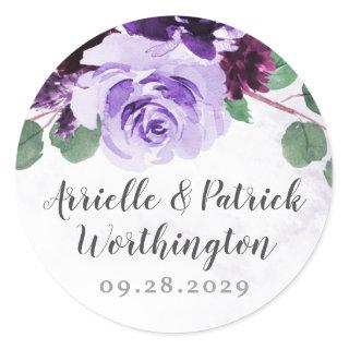 Purple and Silver Airy Floral Vintage Wedding Classic Round Sticker
