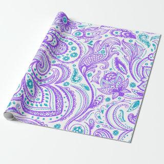 Purple and turquoise paisley pattern on white