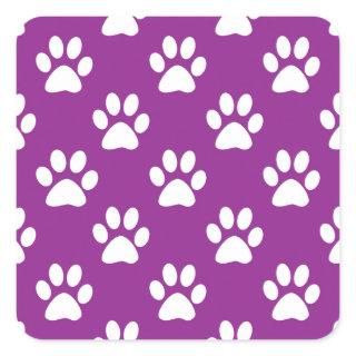 Purple and white paw prints pattern square sticker