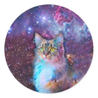 Purple cat in space classic round sticker