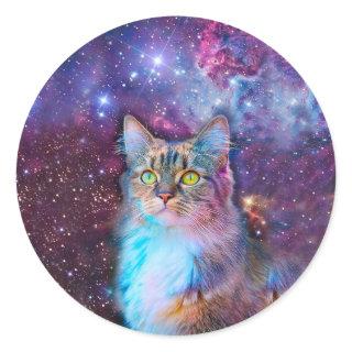 Purple cat in space classic round sticker