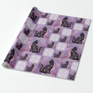 Purple Cosmic Cats Patchwork Pattern